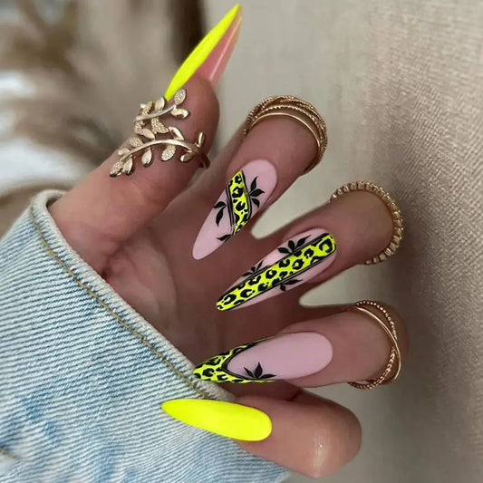 Wild Luxe Stiletto Press-Ons: Leopard Leaves in Bold Yellow